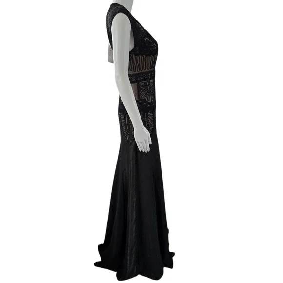 Sue Wong Nocturne Black Lace Beaded V Neck Cap Sleeve Maxi Dress Size 6